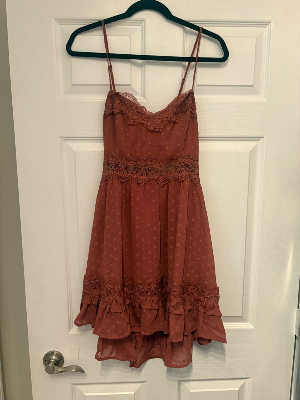 Pink Lily Rust Spaghetti Strap Lace Trim Sundress